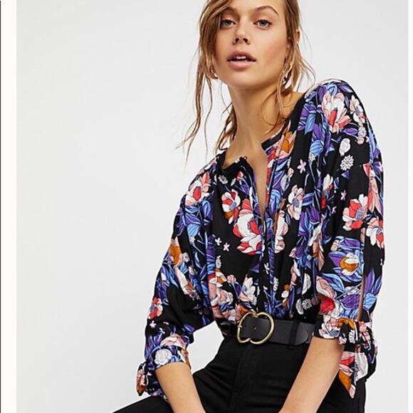 Free People Keepin On Top Womens Size XS Black Multicolor Floral Oversized Boho - Picture 10 of 13